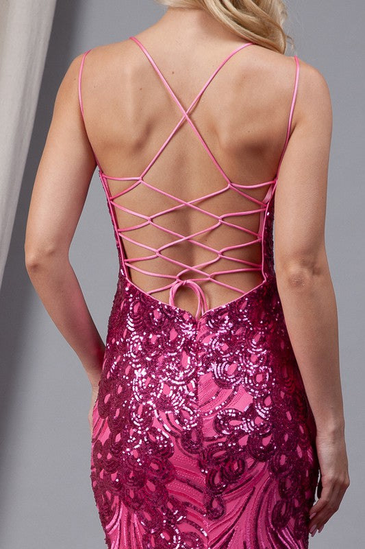 Sequin Embellished Mermaid Trumpet Prom Gown Hot Pink