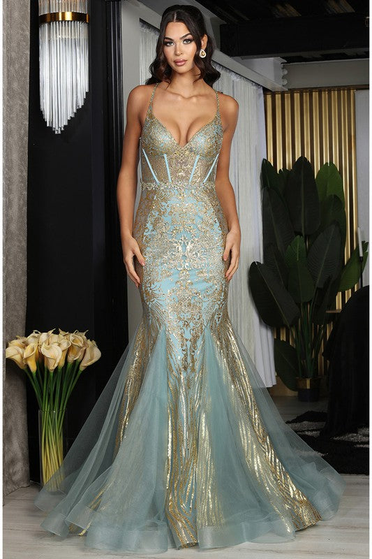 Golden Glitter Print Deep V Neck Prom Dress