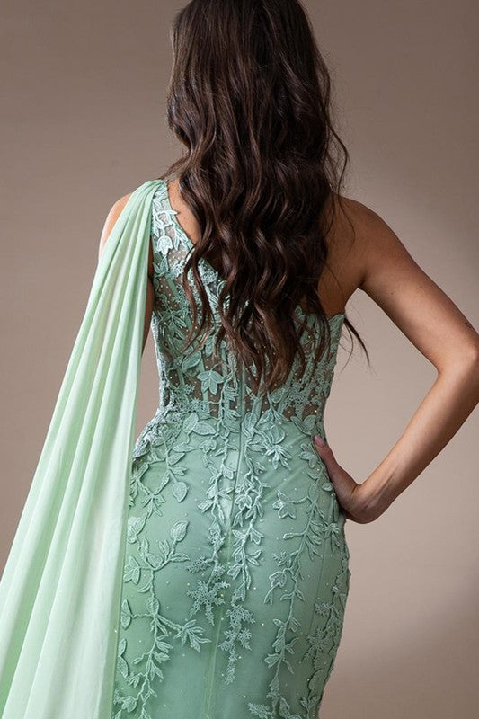 One Shoulder Bustier Corset Lace Top Prom Dress Sage