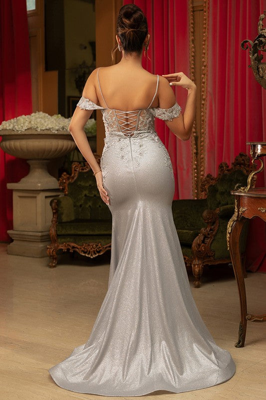 Off Shoulder Metallic Trumpet Prom Dress Silver