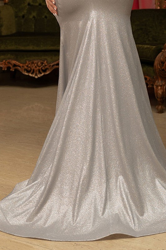 Off Shoulder Metallic Trumpet Prom Dress Silver