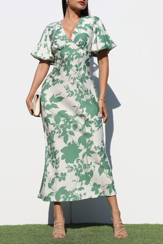 Women's Printed V-Neck Woven Midi Dress