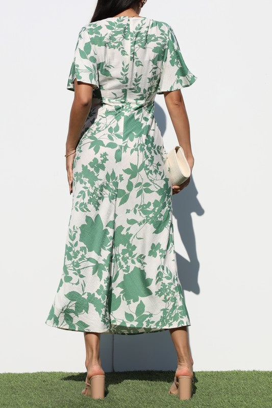 Women's Printed V-Neck Woven Midi Dress