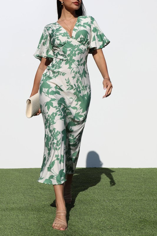 Women's Printed V-Neck Woven Midi Dress