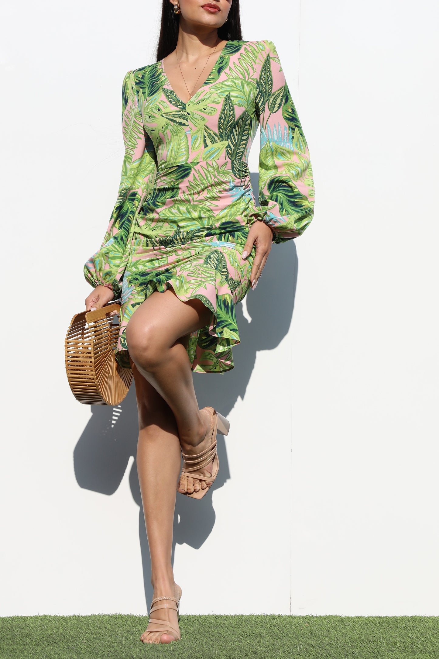 V neck Woven Ruched Mini Dress