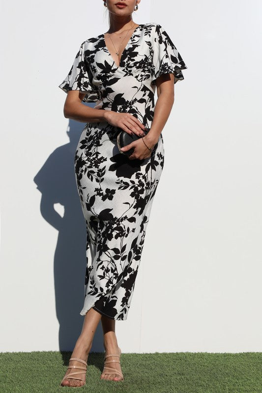 Women's Printed V-Neck Woven Midi Dress