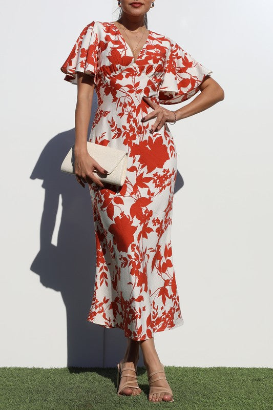 Women's Printed V-Neck Woven Midi Dress