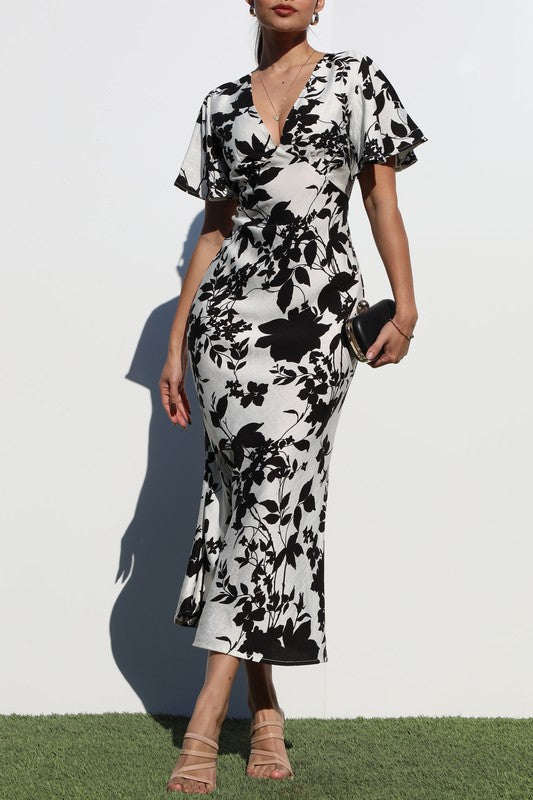 Women's Printed V-Neck Woven Midi Dress