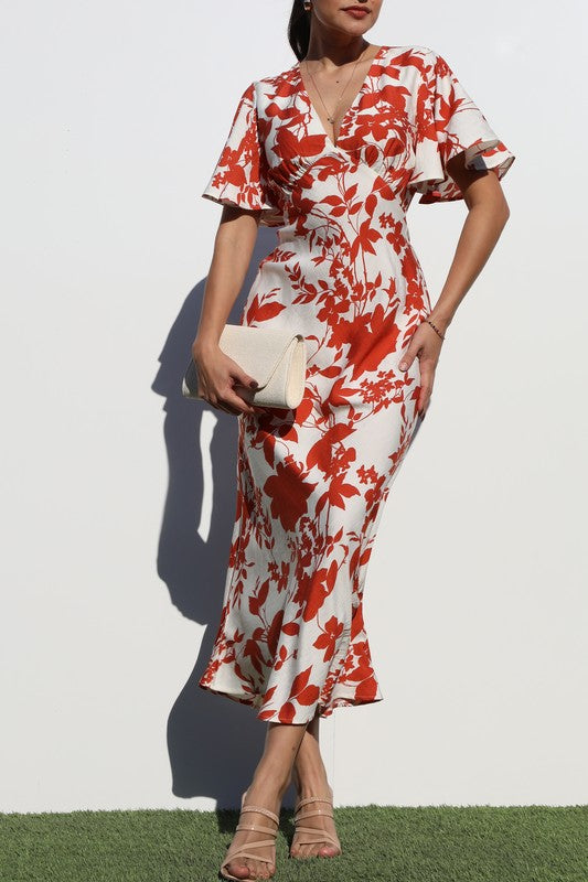 Women's Printed V-Neck Woven Midi Dress