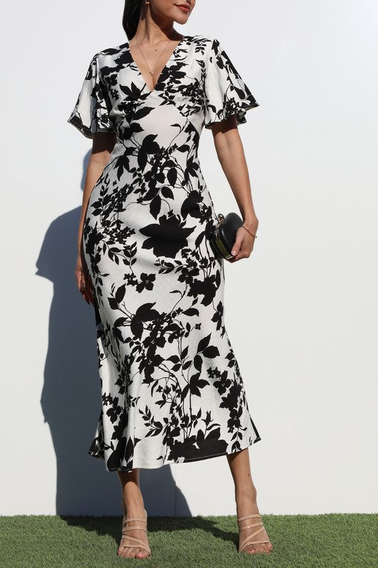 Women's Printed V-Neck Woven Midi Dress