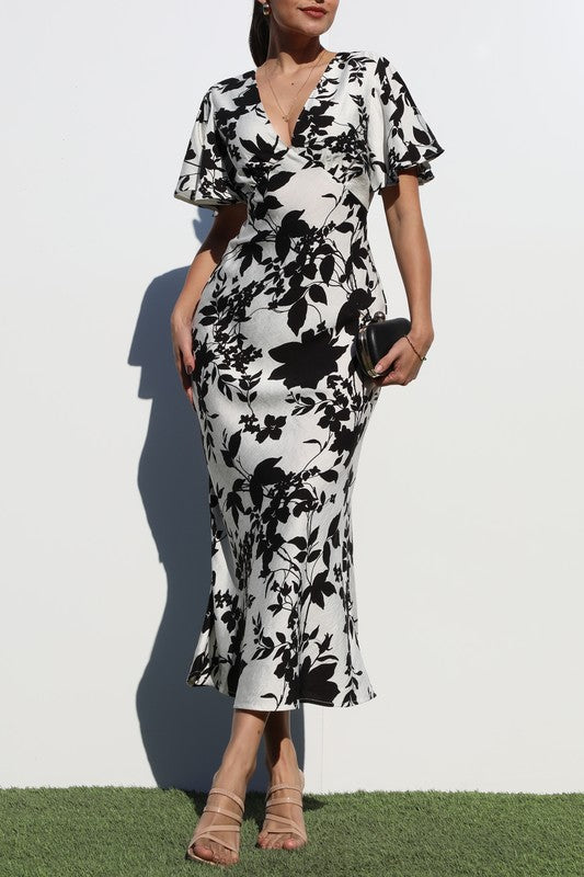 Women's Printed V-Neck Woven Midi Dress