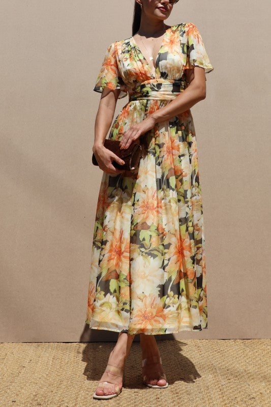 Printed V Neck Woven Midi Dress