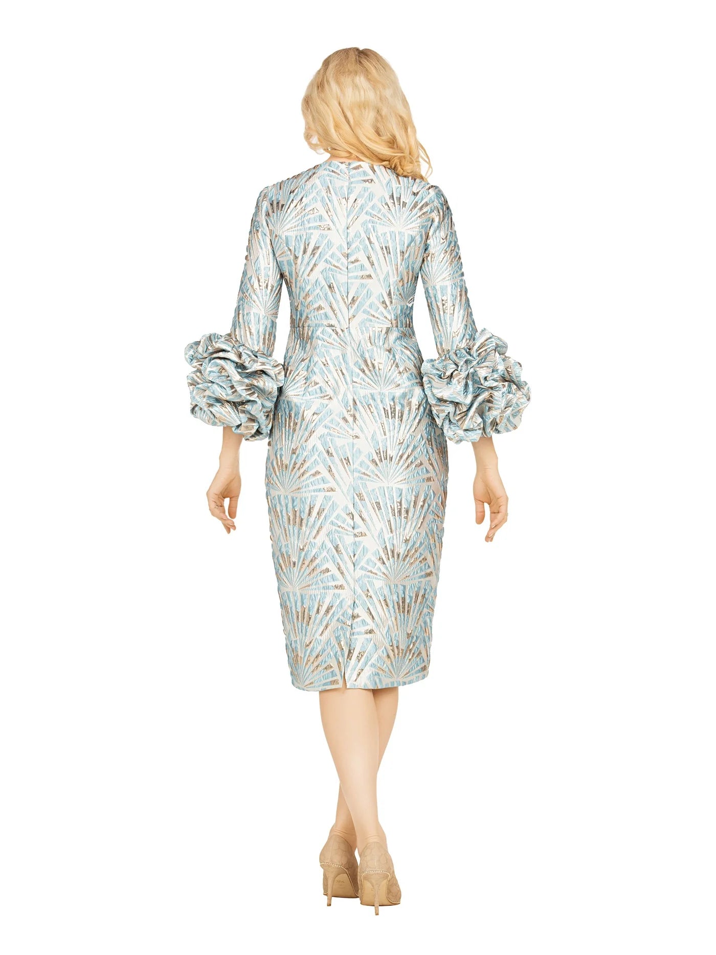 Brocade Shift Dress With Balloon Cuff Sleeve