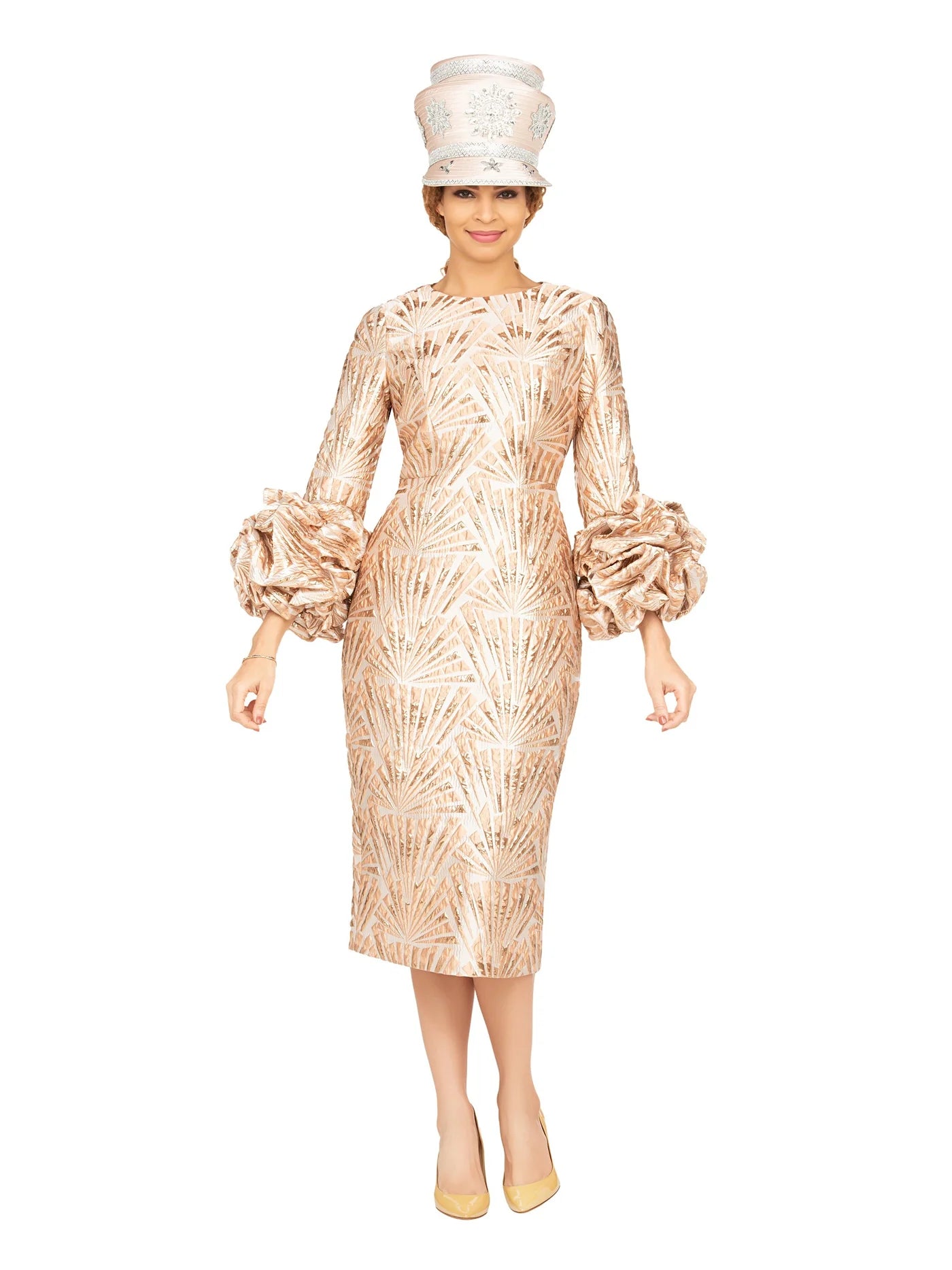 Brocade Shift Dress With Balloon Cuff Sleeve