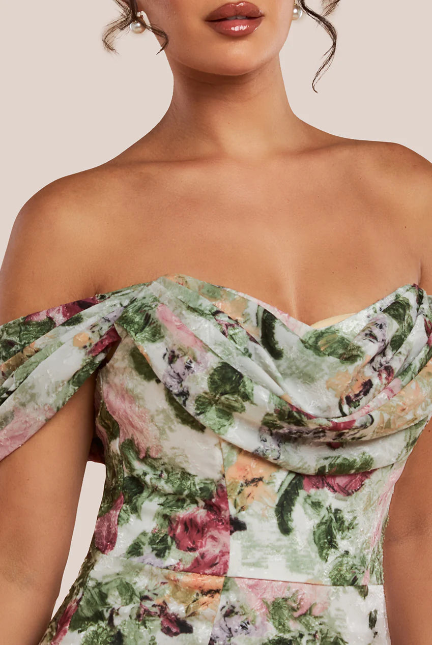 Cowl Neck Floral Print Jacquard Chiffon Dress