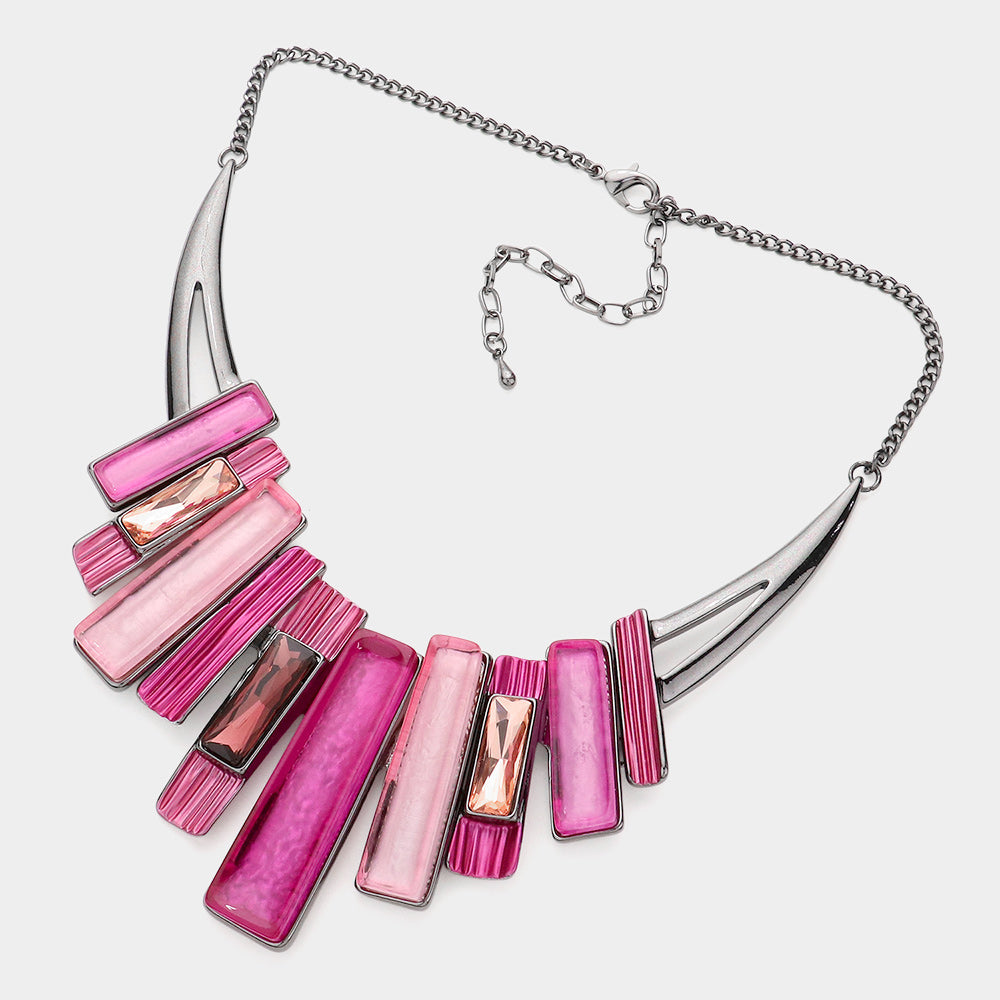 Rectangle Stone Pointed Colored Metal Necklace and Matching Earring