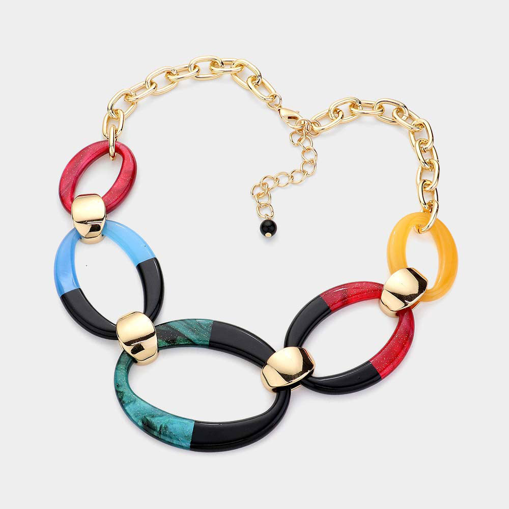 Celluloid Acetate Resin Open Oval Link Statement Necklace Set