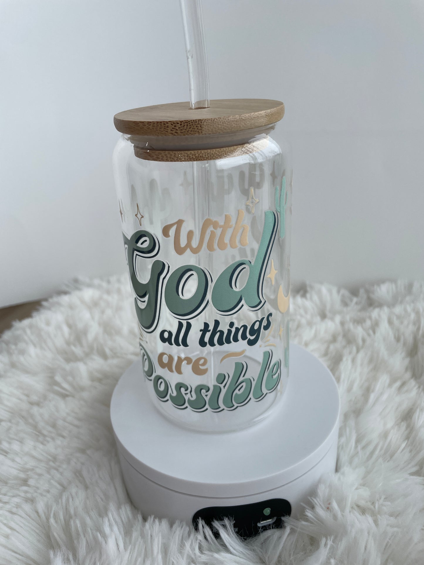 Customized 16oz Glass Cups with Bamboo Lids and Glass Straws