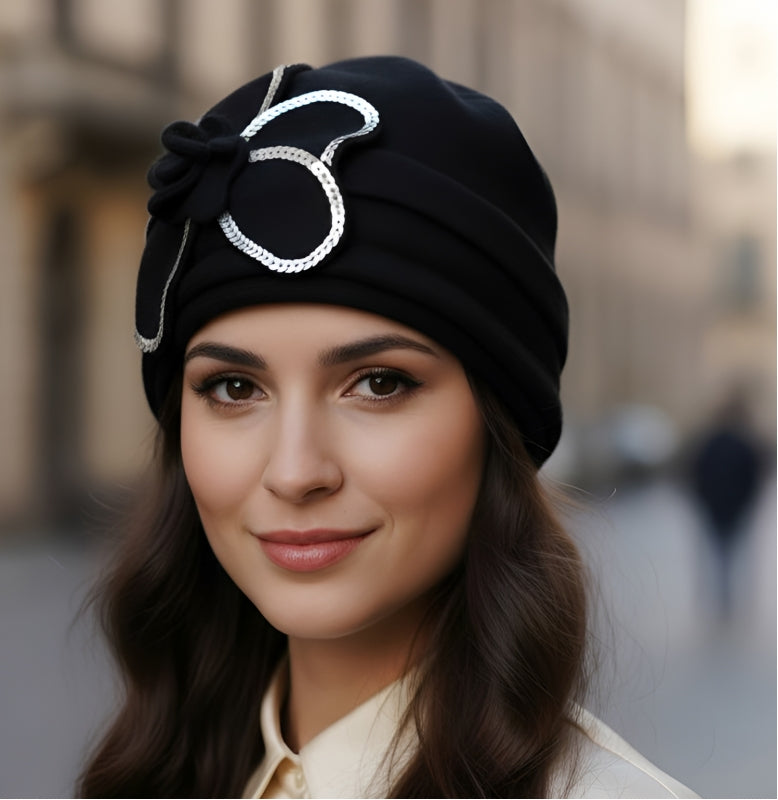 Wool cloche hat with sequined flower corsage