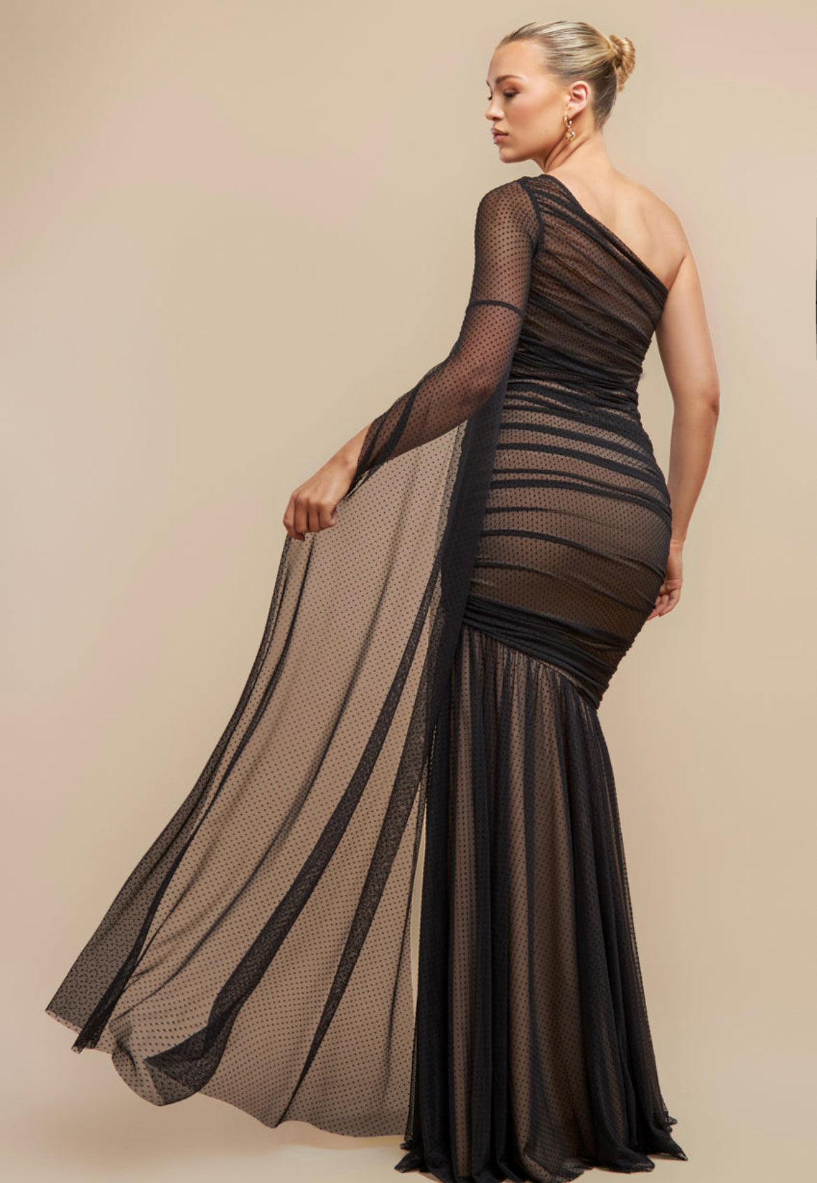 Goddiva Gathered One Sleeve Angel Wing Mermaid Dress