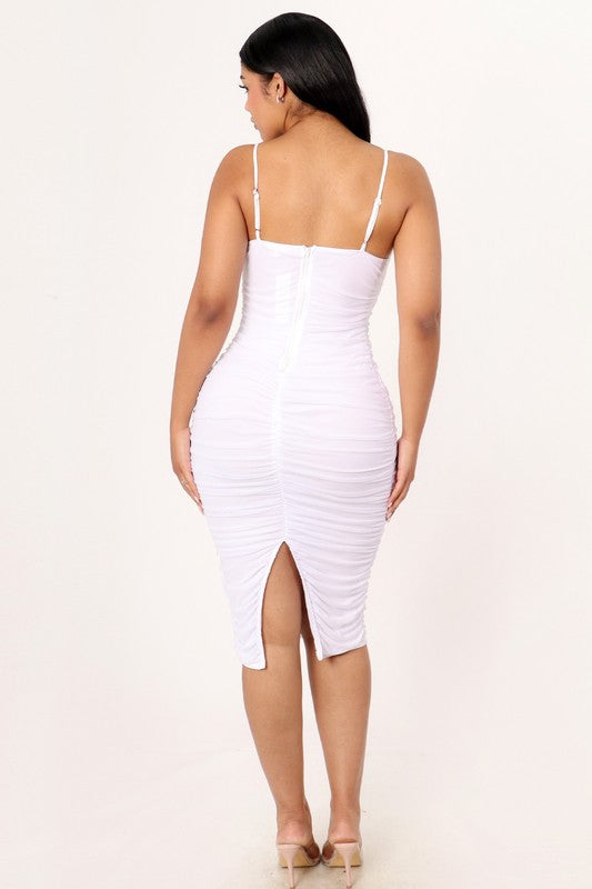 Bralette Mesh Ruched Bodycon Midi Dress