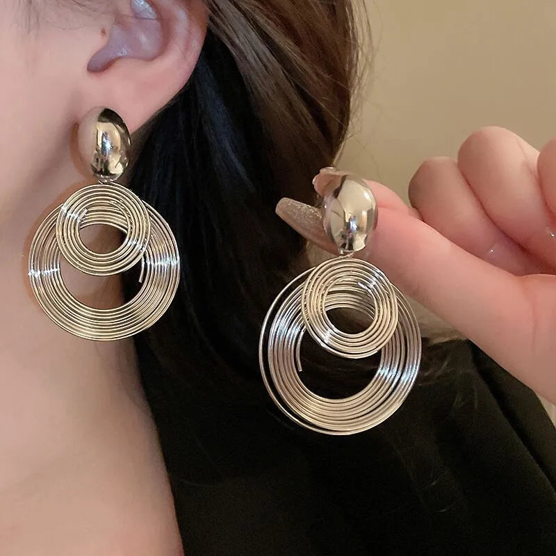 Circle Layered Gold Plated Drop Earring