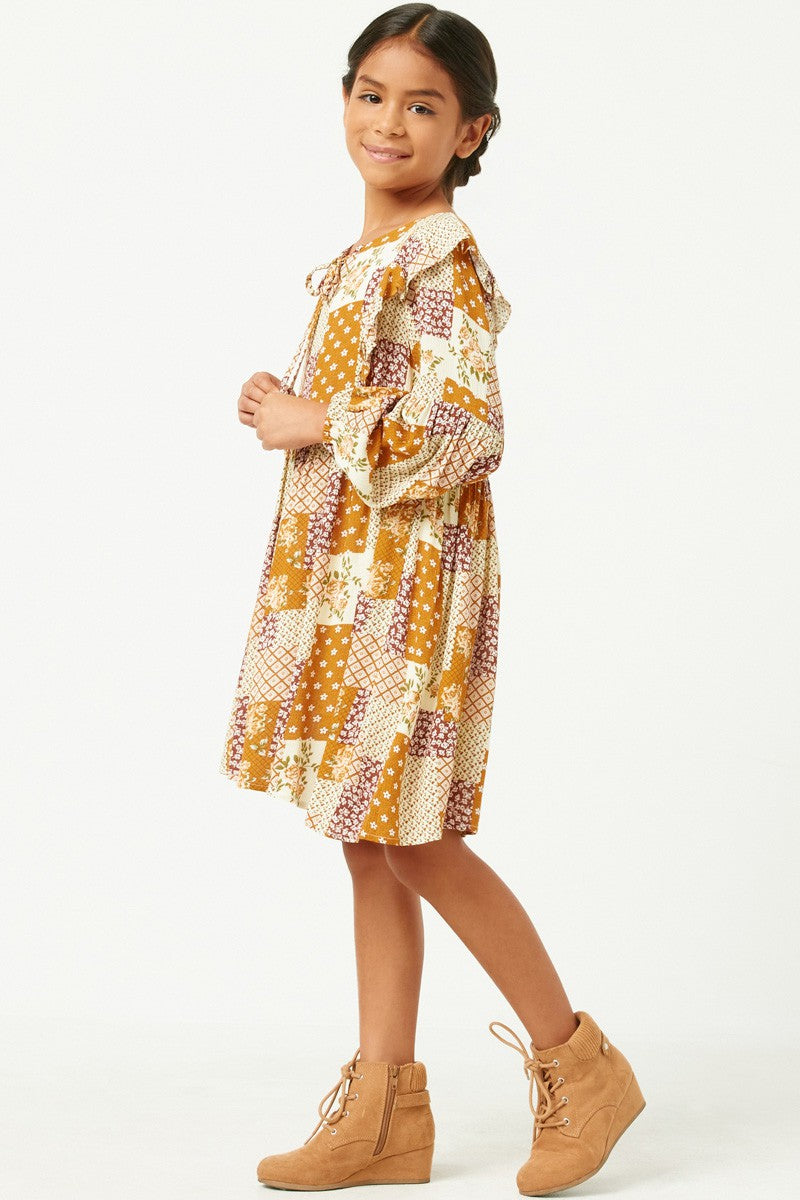 Girls Patch Print Ruffled Shoulder Long Sleeve Dress