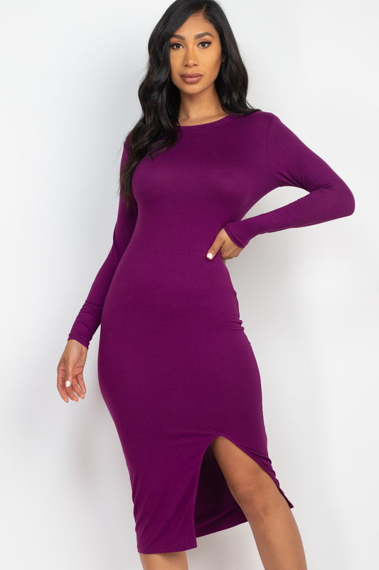 Long Sleeve Side Thigh Split Midi Dress