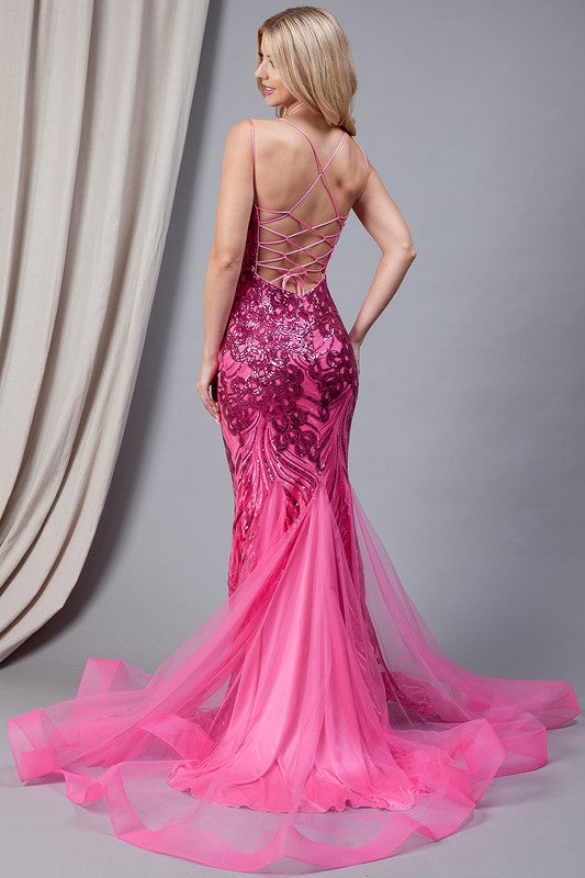 Sequin Embellished Mermaid Trumpet Prom Gown Hot Pink
