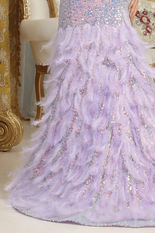 Bustier Corset Iridescent Sequins Feathered bottom Prom Dress in Lilac and Gold