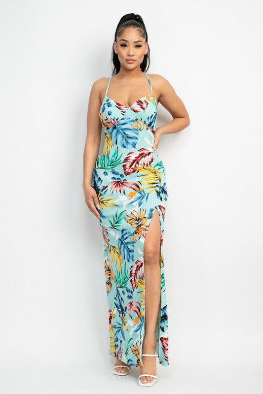 Crossed Back Hawaiian Maxi Dress