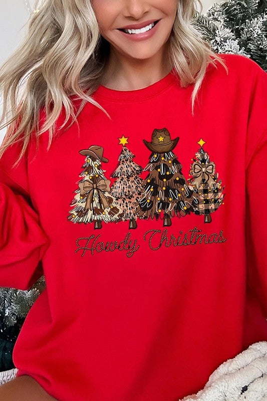 Howdy Christmas Tree Graphic Fleece Sweatshirts