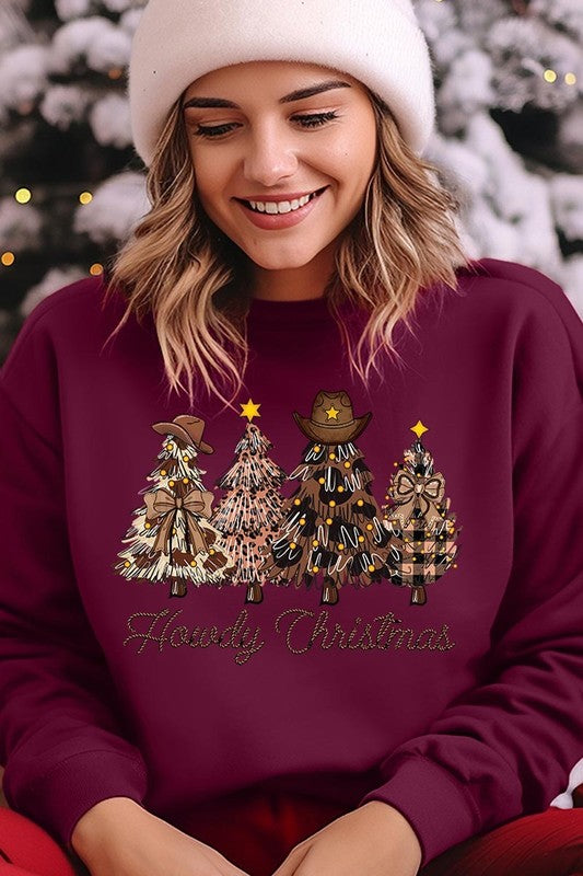 Howdy Christmas Tree Graphic Fleece Sweatshirts