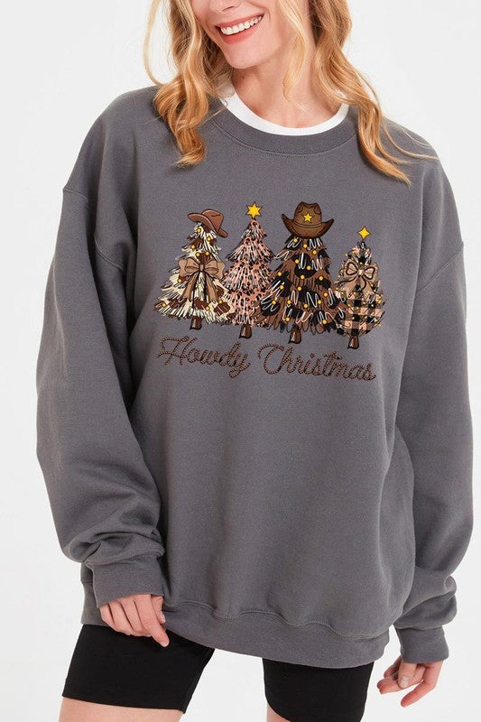 Howdy Christmas Tree Graphic Fleece Sweatshirts