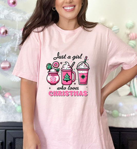 Pink Just a Girl Who Loves Christmas Graphic Tee