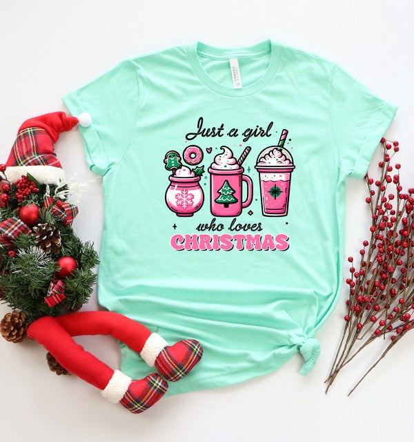 Pink Just a Girl Who Loves Christmas Graphic Tee