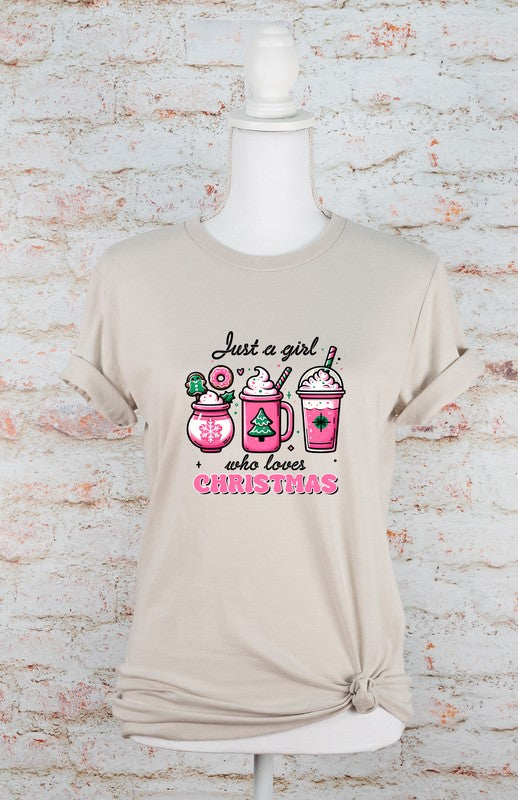 Pink Just a Girl Who Loves Christmas Graphic Tee