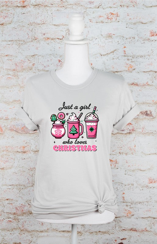 Pink Just a Girl Who Loves Christmas Graphic Tee