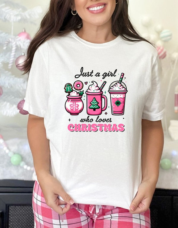 Pink Just a Girl Who Loves Christmas Graphic Tee