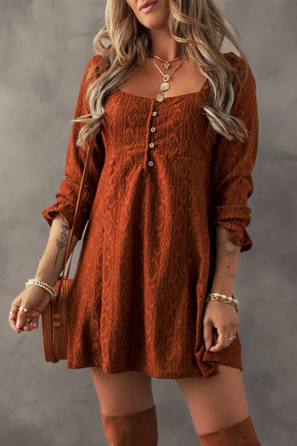 Chestnut Lace Crochet Buttoned Square Neck Mini Dress