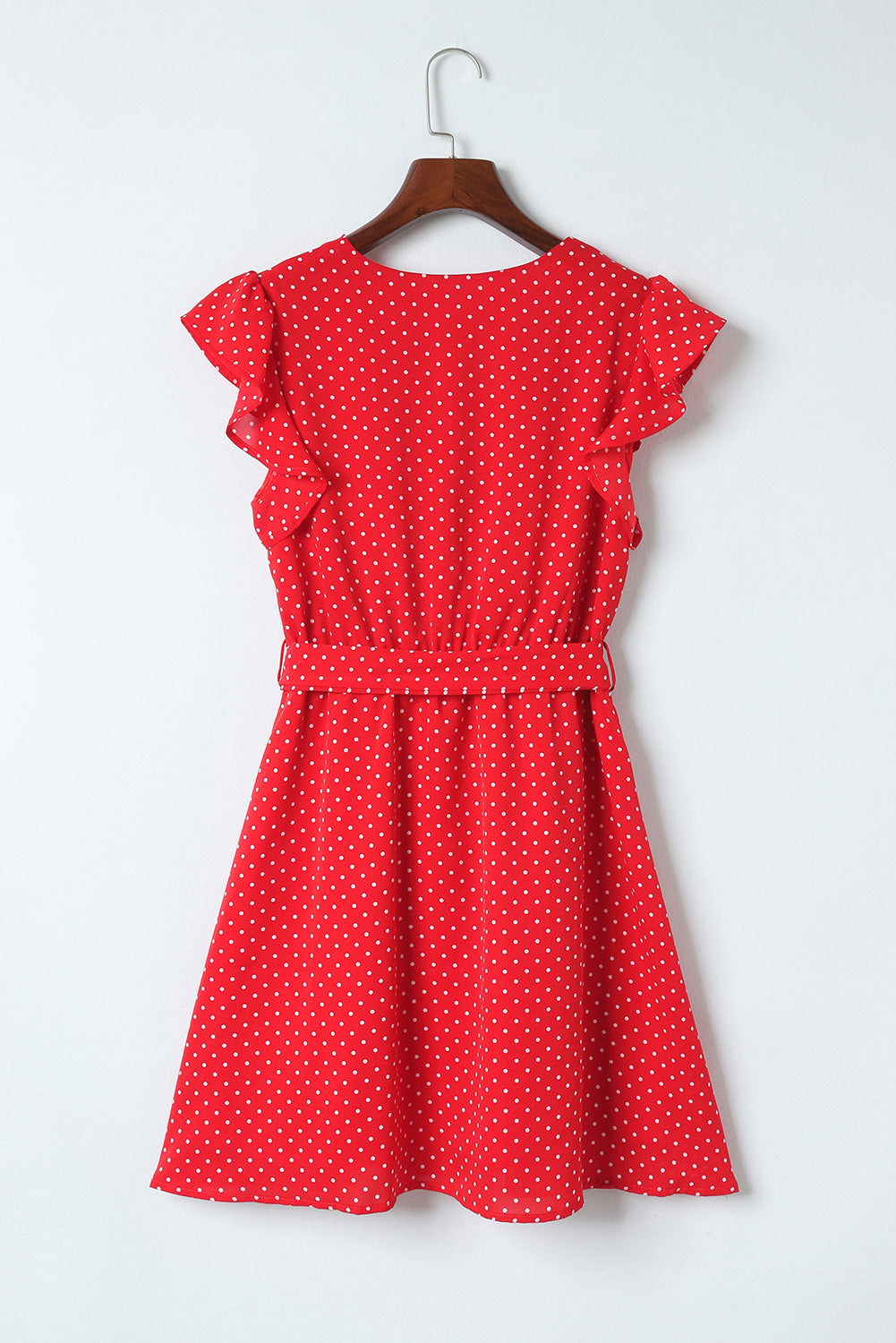 Red Polka Dot V Neck Ruffle Sleeve Short Dress