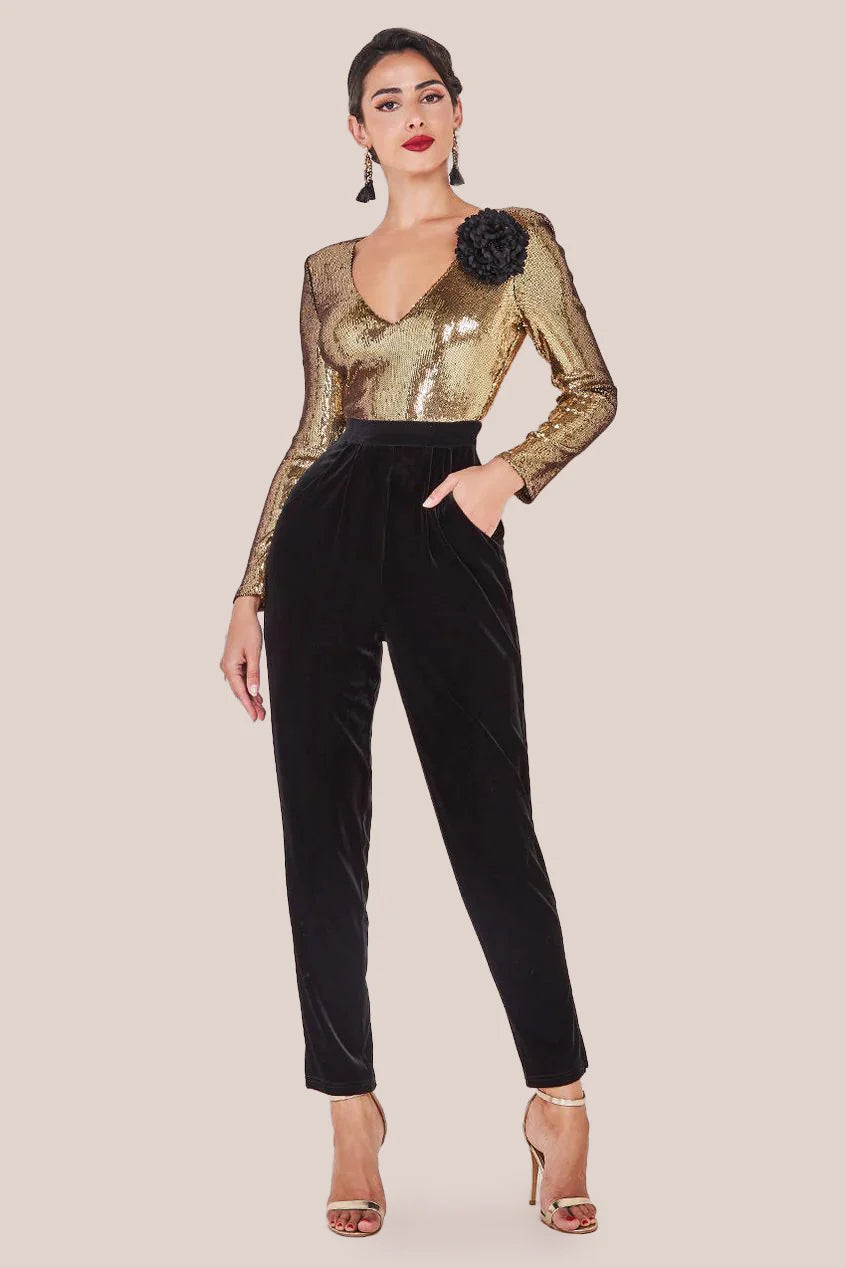 Liquid Sequins Jumpsuit with Corsage