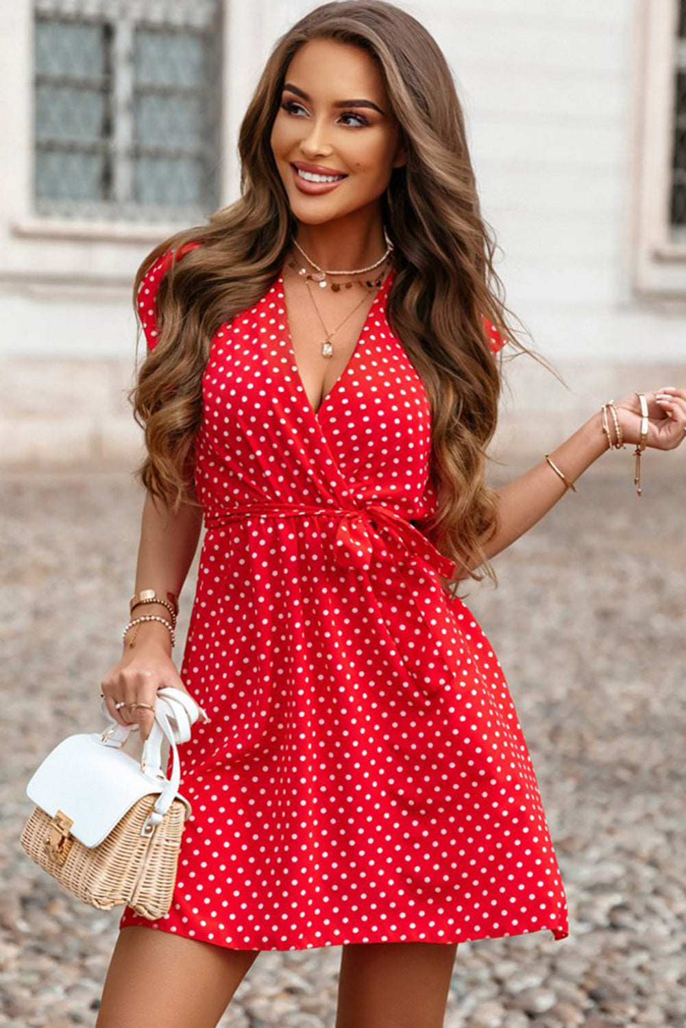 Red Polka Dot V Neck Ruffle Sleeve Short Dress