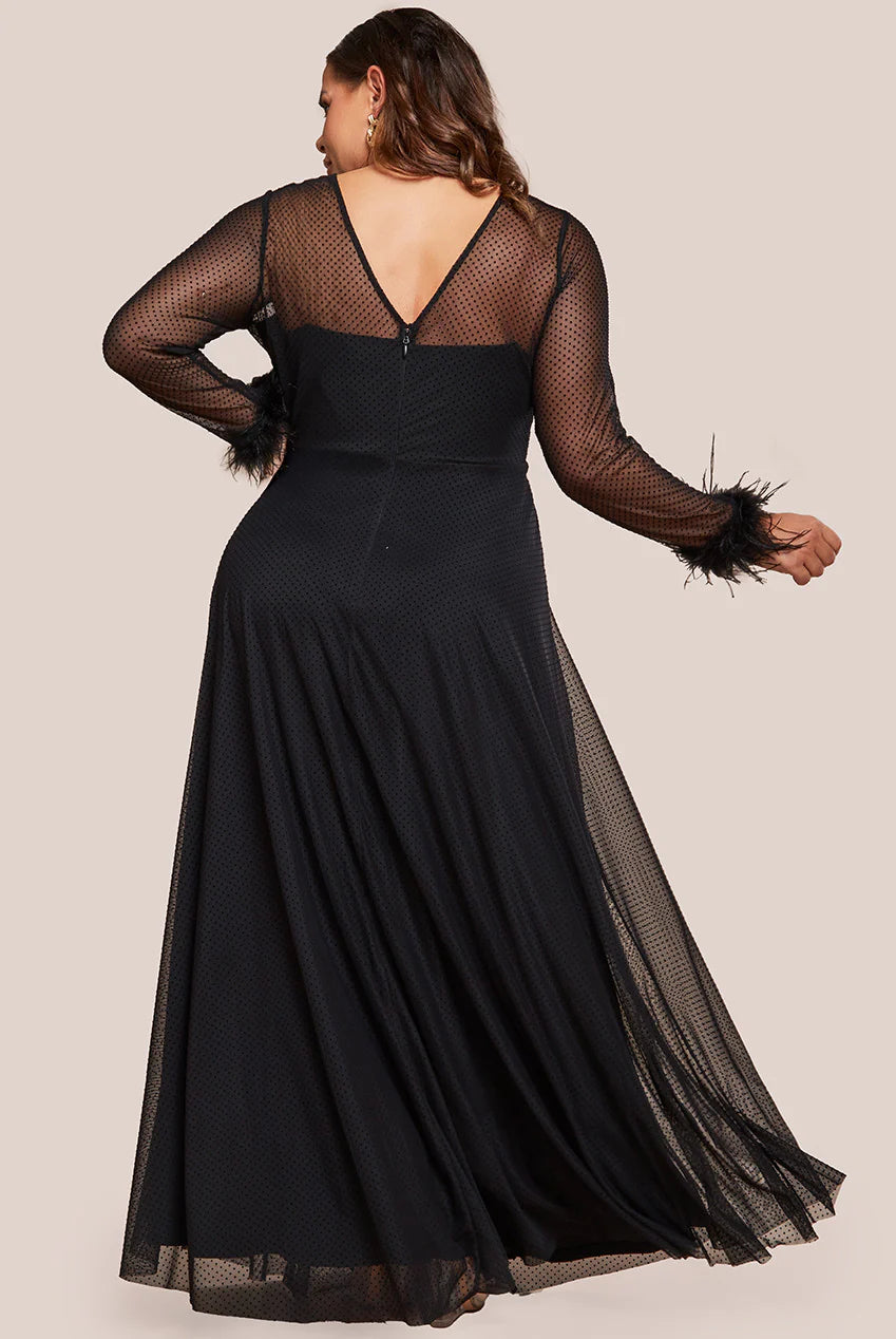 Plus Size  Dobby Mesh Feather Sleeve Hem Maxi Dress