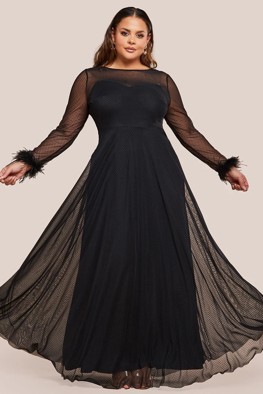 Plus Size  Dobby Mesh Feather Sleeve Hem Maxi Dress