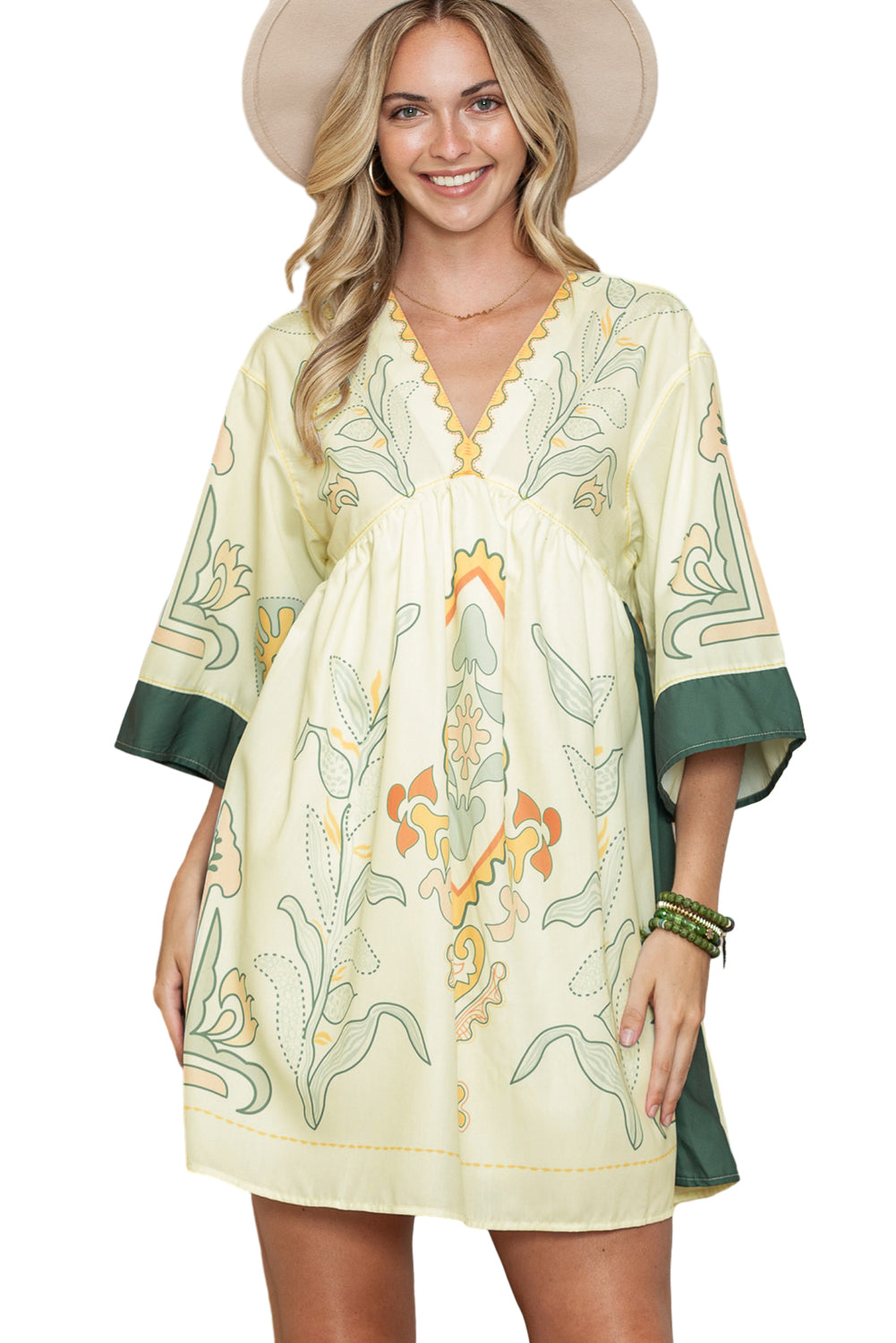 Multicolor Boho Floral V Neck Bell Sleeve Dress