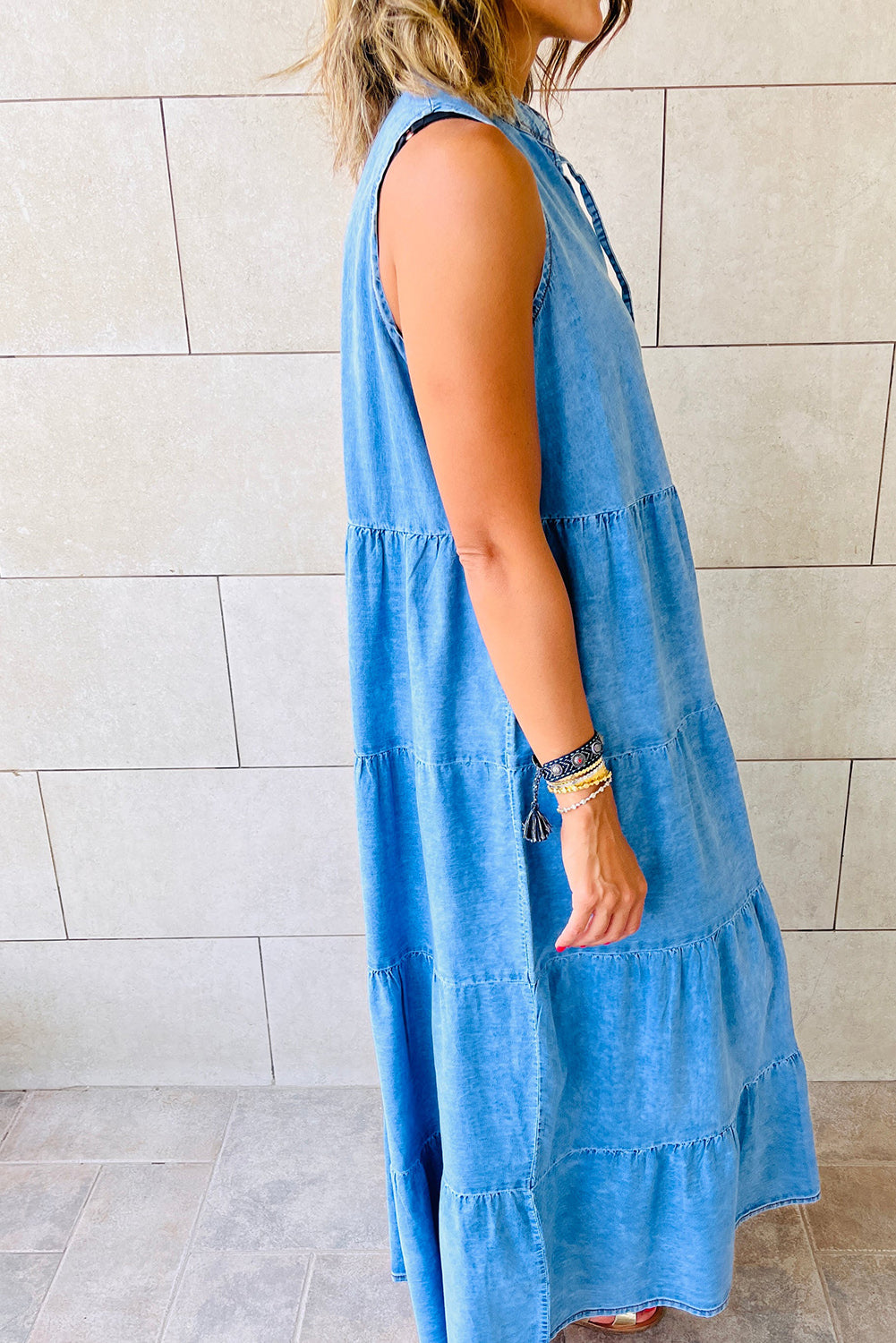 Blue Sleeveless Tiered Chambray Maxi Dress