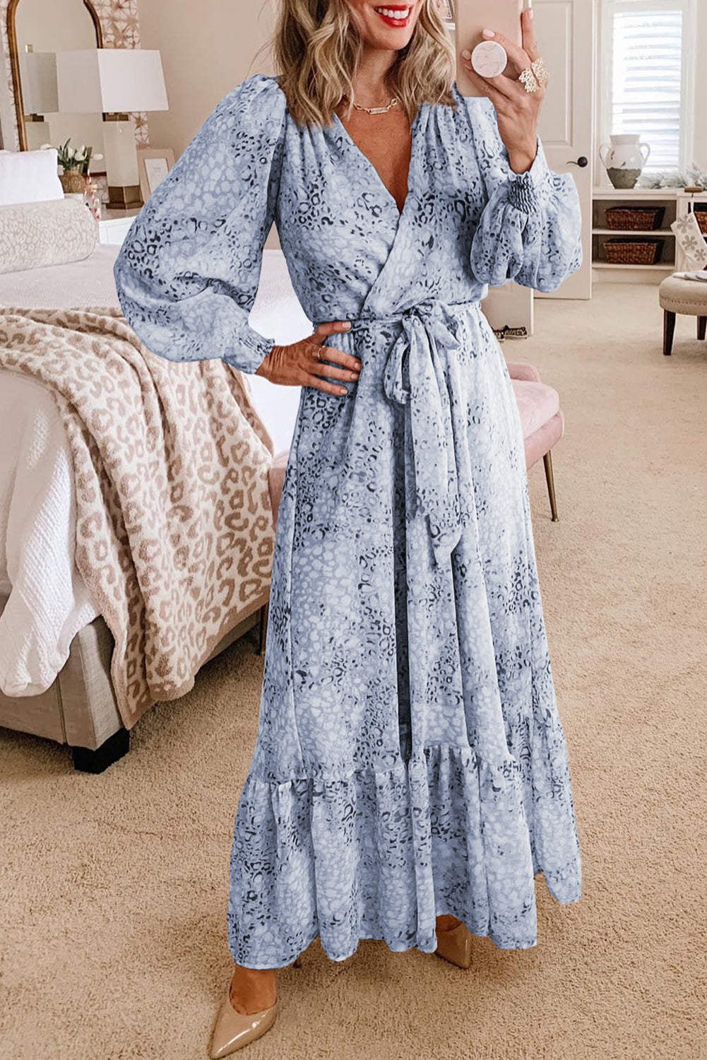 Leopard Surplice V Neck Bubble Sleeve Sash Maxi Dress