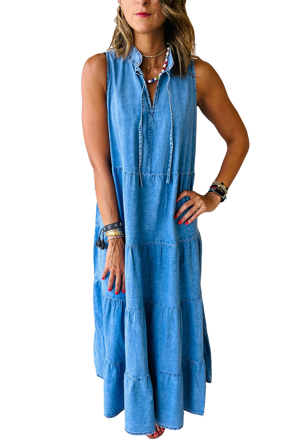 Blue Sleeveless Tiered Chambray Maxi Dress