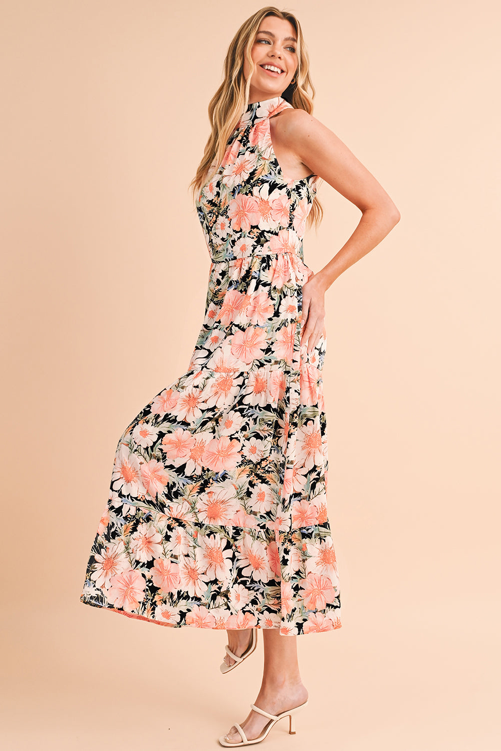 Black Knotted Halter Floral Print Ruffle Tiered Maxi Dress